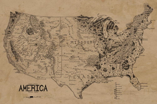 A map of the U.S. in the style of a fantasy map