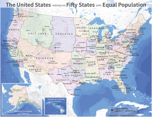 The United States Redrawn as Fifty States with Equal Population