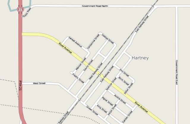 Screenshot of Hartney, Manitoba in OpenStreetMap