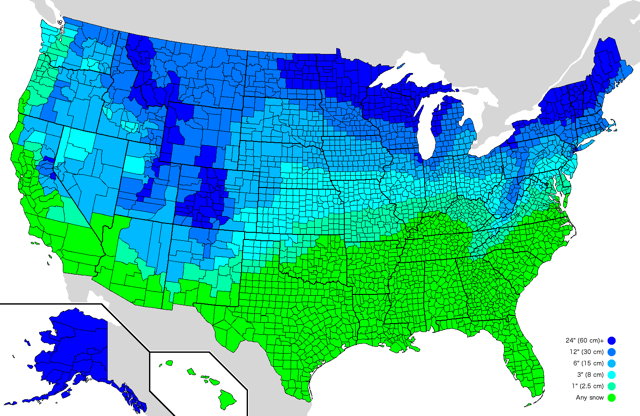 Map of amount of snow required to cancel school